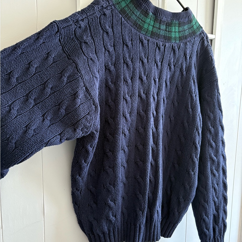 Women’s XL Vintage Gap Cable Knit 100% Cotton Sweater Navy & Green Plaid V Neck - Picture 11 of 11